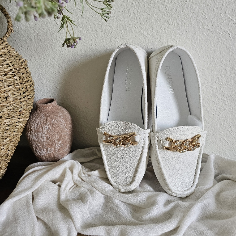 Slip On Flat Loafers with Gold Chain Detail